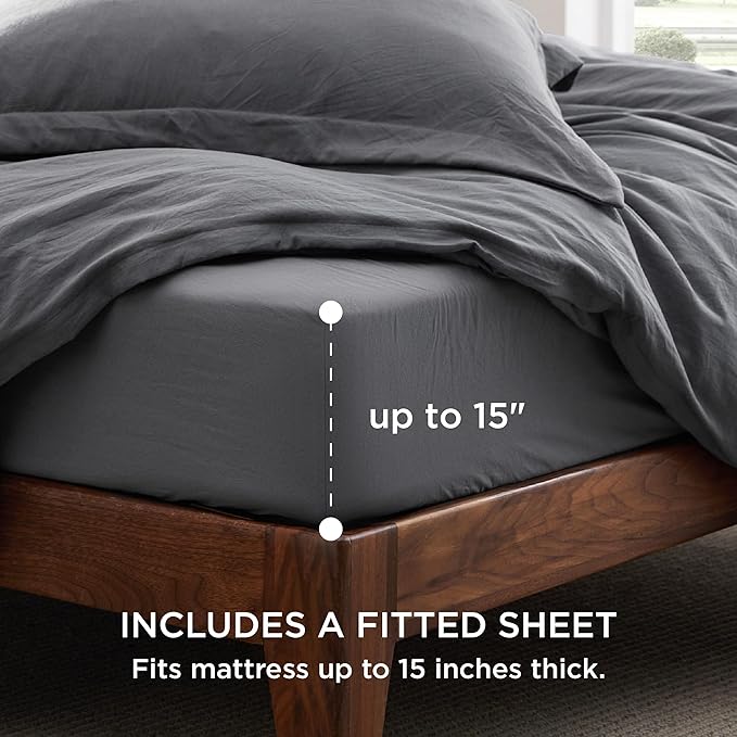 Bedsure California King Size Duvet Cover with Fitted Sheet - 4 Pieces Prewashed Polyester Extra Soft Bedding Set, Includes 1 Duvet Cover 104x98 Inches, 2 Pillow Shams, 1 Fitted Sheet, Dark Grey