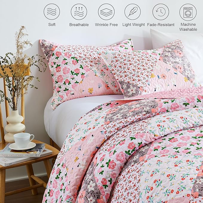 Whale Flotilla Patchwork Quilt Twin Size, Extra Soft Boho Floral Bedspreads for Bed Reversible Lightweight Twin Quilt Bedding Set Printed Coverlets with 1 Pillow Sham for All Seasons, Pink