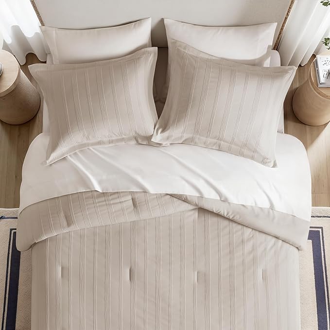 Madison Park Essentials Striped Comforter Set Full, 7 Pieces Modern Minimalist Jacquard Bedding Set for All Season, Bed in A Bag with Sheet Set and Soft Brushed Reverse, Lightweight Neutral
