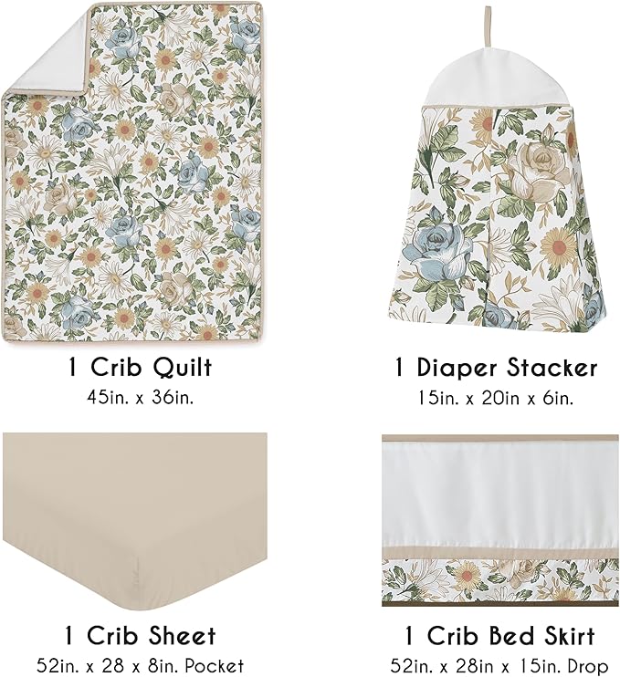 Sweet Jojo Designs 4-Piece Baby Crib Bedding Set (Blue Boho Vintage Floral) for Girls, Infants/Nursery incl. Blanket, Fitted Sheet, Skirt, Diaper Stacker (Shabby Chic Rose, Daisy, Bohemian Wildflower)