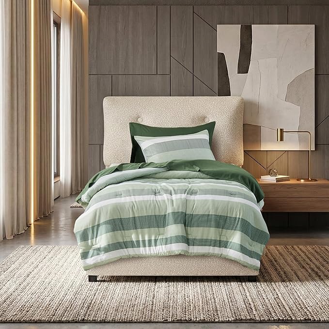 Twin Size Striped Comforter Set, Soft Microfiber Reversible Bedding Sets for All Season 5 Pieces Bed in A Bag Set with Comforter, Sheets, Pillowcase & Sham, Sage Green