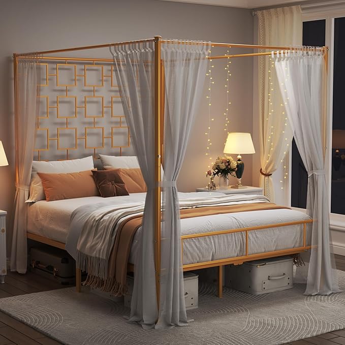 Modern Queen Canopy Bed Sturdy Metal Slats Easy Assembly – 1000lbs Capacity, Ideal for Small Spaces & Rentals, No Box Spring Needed