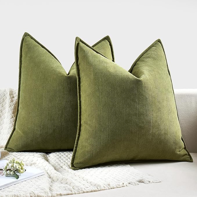 MIULEE Pack of 2 Moss Green Decorative Pillow Covers 18x18 Inch Soft Chenille Luxurious Couch Throw Pillows Farmhouse Cushion Covers with Elegant Design for Sofa Bedroom Living Room Spring Home Decor