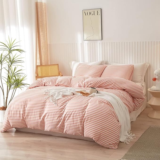 LifeTB King Size Comforter Set Pink White Stripes Pattern Comforter Modern Striped Comforter Set Fluffy Lightweight 3 Pieces Bedding Comforter Farmhouse Stripes Boho Bed Comforter with 2 Pillowcases