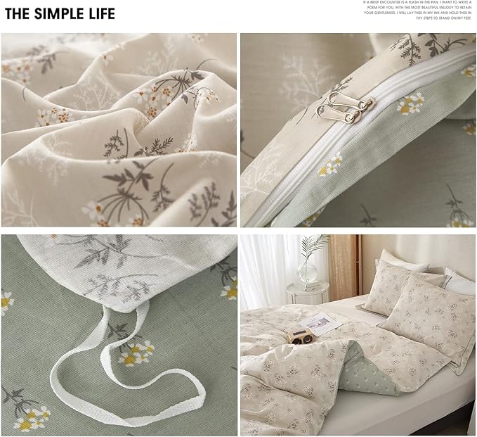 HighBuy Boho Floral Duvet Cover Twin XL Cotton Aesthetic Bedding Set,Comforter Cover 3 Piece,Reversible Green Garden Lightweight,Soft,Zipper Closure,Breathable,All Season