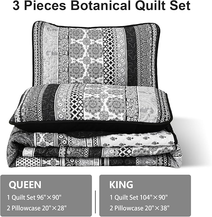 WONGS BEDDING Boho Quilt Set King Size, Grey Bohemian 3 Pieces Quilt Sets, Lightweight Bedspread Coverlet Bedding Set for All Season (104"x90")