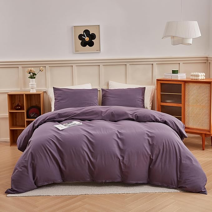 ECOCOTT Purple Duvet Cover California King Size - 100% Washed Cotton Durable Soft Comfy Duvet Cover Set, 3 Pieces Duvet Cover with Zipper Closure (Purple, 104''x98'')