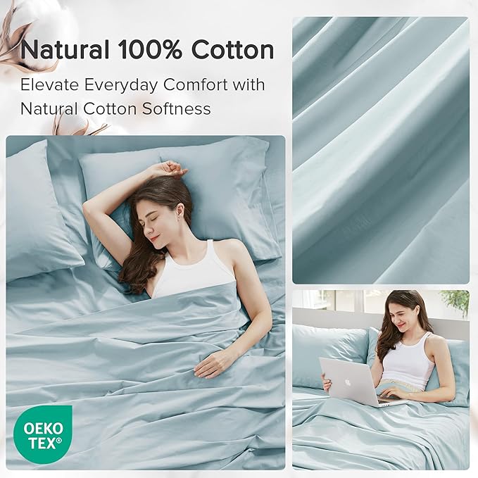 Comfort Spaces 100% Cotton Sheets Queen, Breathable, Soft Cotton Sheets, Naturally Cool Cotton Bed Sheets with 14" Elastic Pocket Fits up to 16" Mattress, All Season Sheet Set, Light Blue 4 Piece