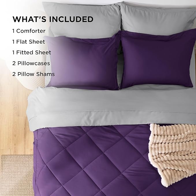 Bedsure Queen Comforter Set - 7 Pieces Reversible Purple Bedding, Queen Size Bed Set for All Seasons, Bed in a Bag with Down Alternative Comforter, Sheets, Pillowcases & Shams