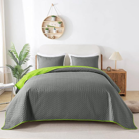 JML Quilts Set, Bedspread Coverlet Set with Pillowcases - 3 Piece Soft and Lightweight Bed Quilt for Spring, Autumn and Summer (Reversible Embossed - Charcoalgray/Limegreen, Full/Queen(88"x92"))