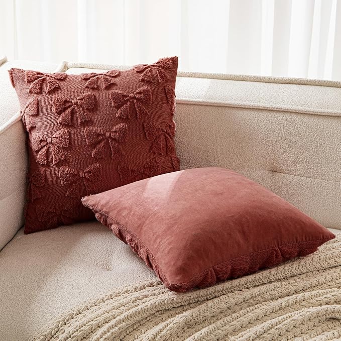 MIULEE Burgundy Bow Pillow Covers Coquette Room Decor Aesthetic Set of 2 Decorative Cute Girl Valentine Throw Pillow Soft Plush Faux Pillowcase for Preppy Room Decor Bedroom Couch,18x18 Inch