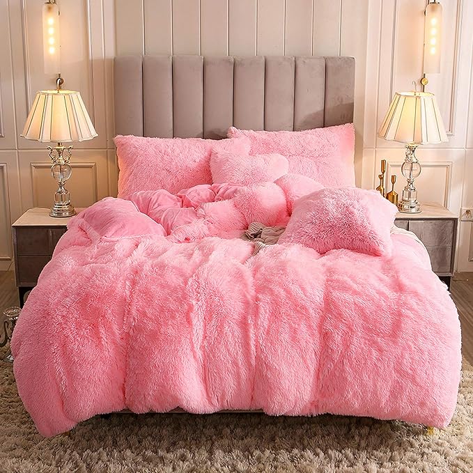Uhamho Faux Fur Velvet Fluffy Bedding Duvet Cover Set Down Comforter Quilt Cover with Pillow Shams, Ultra Soft Warm (Pink, Queen)