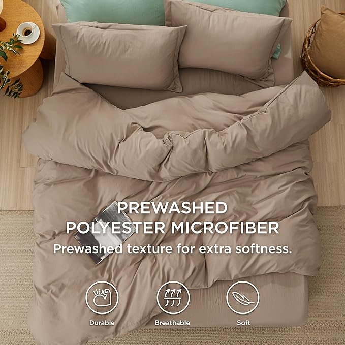 Bedsure California King Size Duvet Cover with Fitted Sheet - 4 Pieces Prewashed Polyester Extra Soft Bedding Set, Includes 1 Duvet Cover 104x98 Inches, 2 Pillow Shams, 1 Fitted Sheet, Deep Beige