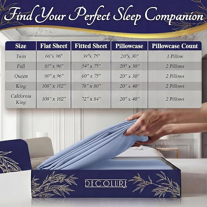 DECOLURE 100% Viscose Derived from Bamboo Sheets Queen Size - Luxury 4 Pc Naturally Cooling Sheets, Ultra Soft Bed Set - Deep 17" Pockets, Durable Double Stitching, Oeko Tex Standard (Light Blue)