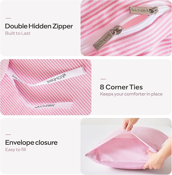 JELLYMONI 100% Natural Cotton 3pcs Striped Duvet Cover Sets,White with Pink Stripes Pattern Printed Comforter Cover,with Zipper Closure & Corner Ties(Queen Size)
