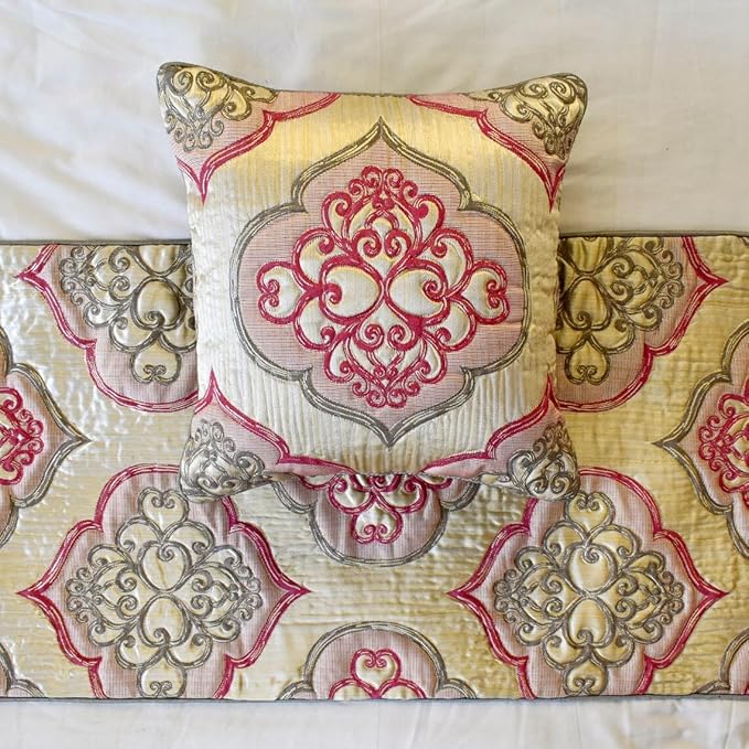 The HomeCentric King/Queen/Twin Pink Designer King 90"x18" Bed Runner Without Pillow Cover, Quilted & Damask Bed Scarf on Silk Fabric - Emre