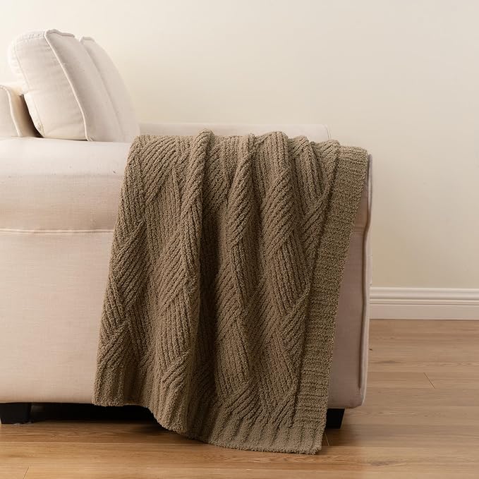 Battilo Khaki Diamond Knit Throw Blanket for Couch and Bed, Soft Textured Chenille Blanket, Cozy Lightweight Decorative Blanket for Sofa, 50"x60"