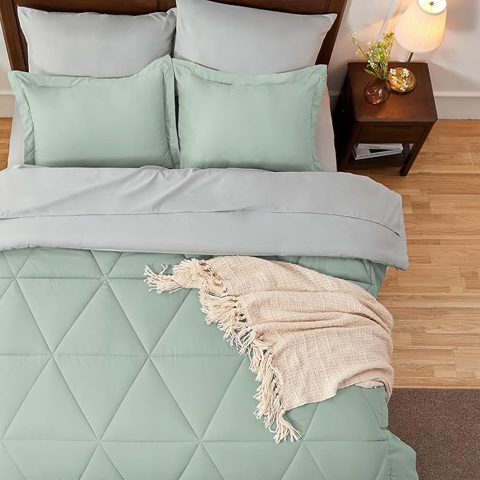 BEDELITE California King Size Comforter Set 7 Pieces Bed in A Bag - Soft Microfiber Reversible Cal King Sage Green Bed Set with Comforters,Sheets,Pillowcases & Shams,Cozy Bedding Sets for All Season