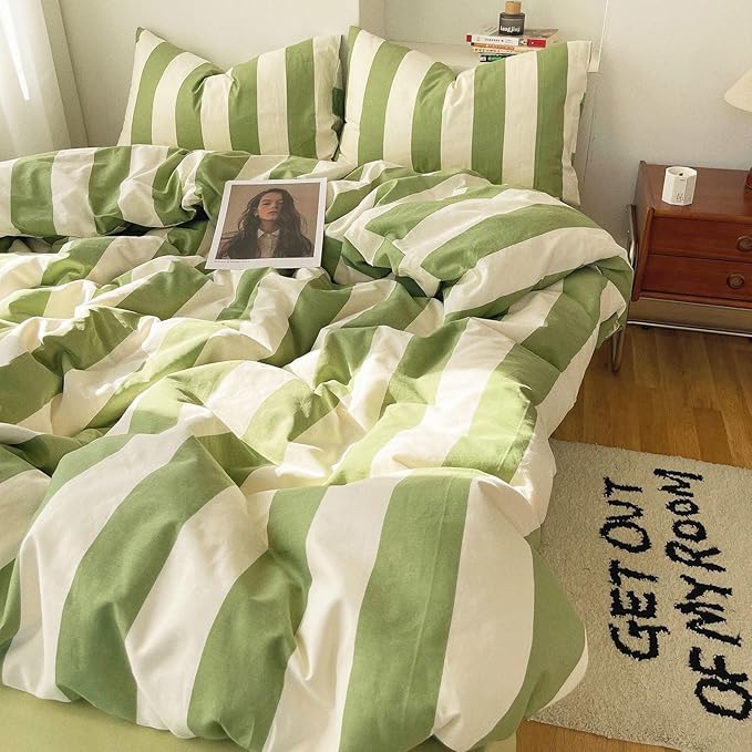 LifeTB Sage Green and White Striped Duvet Cover Set Twin XL, 100% Washed Microfiber Soft Breathable Striped Bedding Set, 3 Pieces Retro Stripes Pattern Printed Comforter Cover with 2 Pillowcases