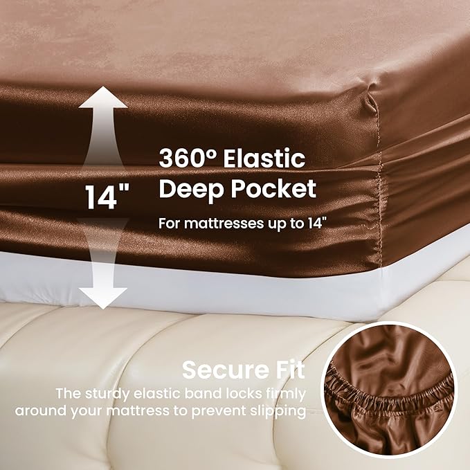 Love's cabin Satin King Sheet Sets - 4 Piece Brown Silky Sheets King Size Bed with Deep Pocket, Luxury Silk Feel King Size Satin Sheet Set (1 Flat Sheet,1 Fitted Sheet,2 Pillow Cases)