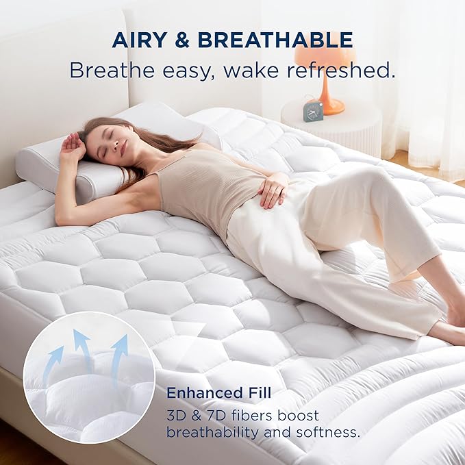 Bedsure King Mattress Pad - Quilted Fitted Mattress Topper Protector with 8-21 Inches Deep Pocket, Noiseless Breathable Bed Cover Padded, Machine Washable, White, 78x80 Inches