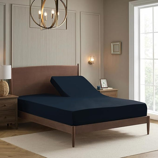 Split Head King Sheets Set for Adjustable Beds 4 Piece Flex Top Bed Sheets – Deep Pocket Split Top Fitted Sheet with Built-in Corner Straps, Luxury Soft Cooling Bedding, Wrinkle Resistant, Navy