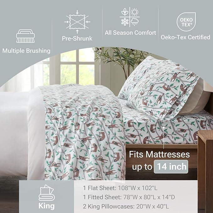 True North by Sleep Philosophy Cozy Flannel Warm 100% Cotton Sheet - Novelty Print Animals Stars Cute Ultra Soft Cold Weather Bedding Set, King, Multi Sloth 4 Piece