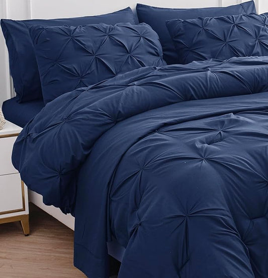 LANE LINEN Queen Comforter - Set of 7 Piece - Pintuck Stitch Design Bedding with 1 Comforter, 1 Flat Sheet, 1 Fitted Sheet, 2 Pillowcases & 2 Shams - Soft, Warm & Cozy Bedding Collection – Navy Blue | Cozy bedding, Breathable comfort, Light all season,...
