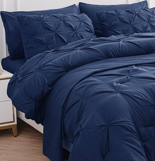 LANE LINEN Full Size Comforter Set - 7 Pc - Pintuck Bed in a Bag Down Alternative Full - Contains Comforter, Sheets, Pillowcases & Shams - Soft Touch, Durable Easy Care, Machine Washable – Navy Blue | Down alt comfort, Soft sleep surface, Durable daily...
