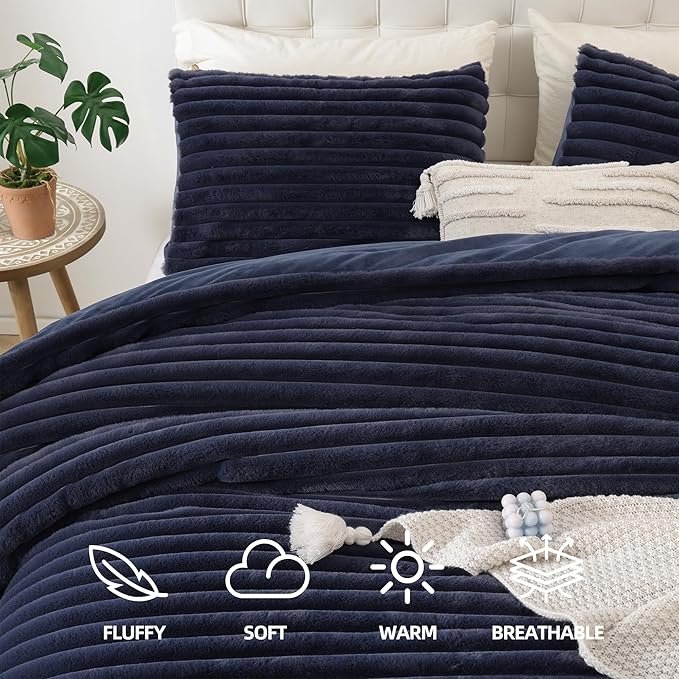 Smoofy Fluffy Twin Comforter Sets 2 Pieces - Navy Blue Fleece Fluffy Comforter Set, Luxury Fuzzy Twin Bedding Set, Soft Warm Comforter All Season, Heavy Faux Fur Comforter with Pillow Cases