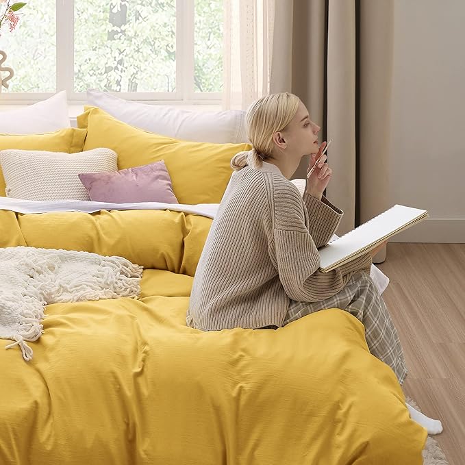 Bedsure Mustard Yellow Duvet Cover Full Size - 3 Pieces Prewashed Extra Soft Cotton-Like Polyester Bedding Set, Includes 1 Duvet Cover 80x90 Inches with Zipper Closure & 2 Pillow Shams, No Comforter