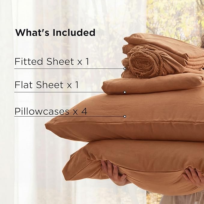 Bedsure Deep Pocket Queen Sheets - 6 Piece, Prewashed Ultra-Soft Queen Sheet Set, Fits Mattresses Up to 18 Inches Thick, Breathable & Secure Fit, Hotel Luxury Bedding, Burnt Orange