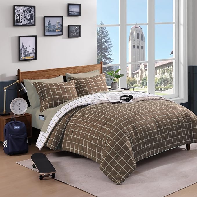 Plaid Full Comforter Set Brown, Reversible Checkered Bedding Set 7 Pieces for Boys Girls Teen, Lightweight Bed in a Bag for Dorm with Sheets, Pillowcases & Shams