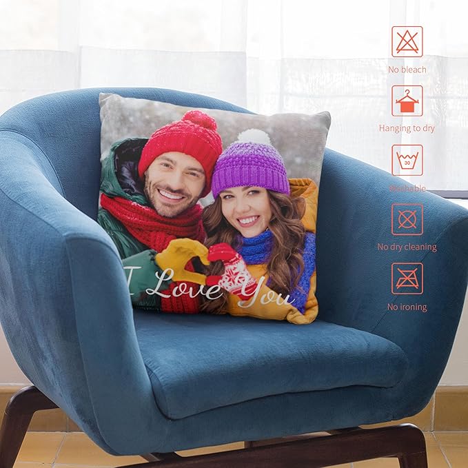Easycosy Custom Pillow with Picture & Text, Two-Sides Velvet Customized Photo Pillowcase, 16"x16" Personalized Pillowcover with Photo, Custom Valentines Decor Love Gifts (Optional Pillow Insert)