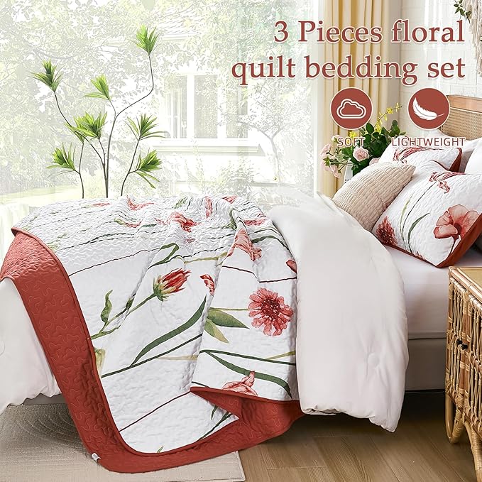 WONGS BEDDING Red Quilt Set King Size, Cute Red Floral Botanical Bedspread Bedding Set with 2 Pillowcase, Lightweight Farmhouse Coverlet Set for All Season (104"x90")
