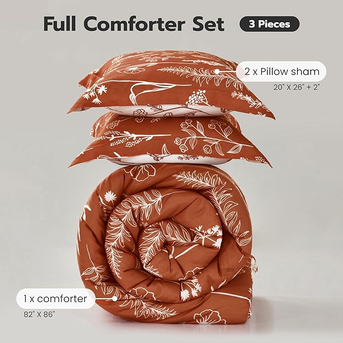 Joiedomi Full Size Comforter Set Terracotta, 3 Pieces Floral Full Bedding Set with 1 Soft Reversible Botanical Comforter and 2 Pillow Shams, Bed in a Bag for All Seasons