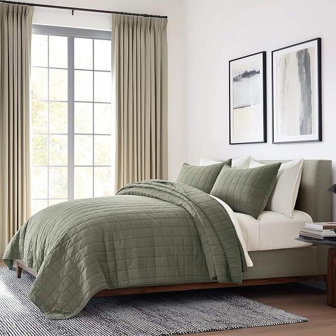 EVERGRACEHOME 100% Cotton Box Stitch Quilt Bedding Set King Size 3 Pieces, Garment-Washed Lightweight Soft Cozy Coverlet, Oversized Quilted Bedspread Sets with 2 Shams for All Season, Olive Green