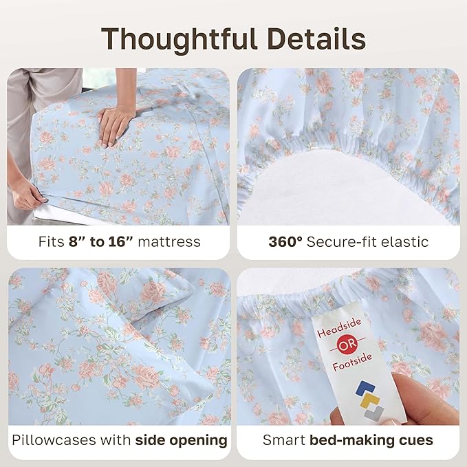 California Design Den Floral Pattern King Size Sheets Set - 400 Thread Count, Natural 100% Cotton, Soft Sateen Weave, Deep Pocket King Sheets, and Durable Bedding Set - Antique Rose