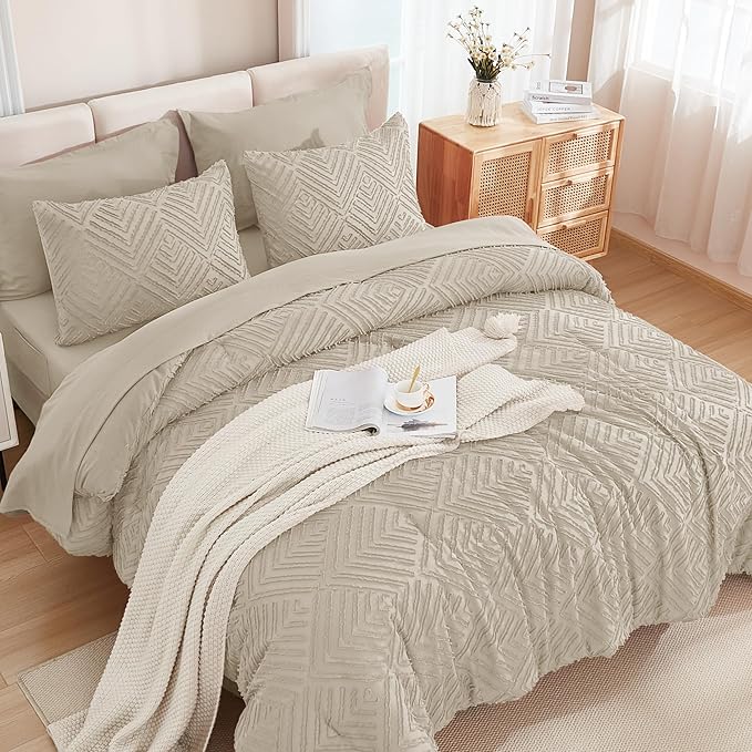 Andency Oversized King Size Comforter Set with Sheets Oatmeal - 7 Pieces Bed in a Bag Oversized King Boho Tufted Lightweight Bedding Sets with Comforter, Sheets, Pillowcases & Shams