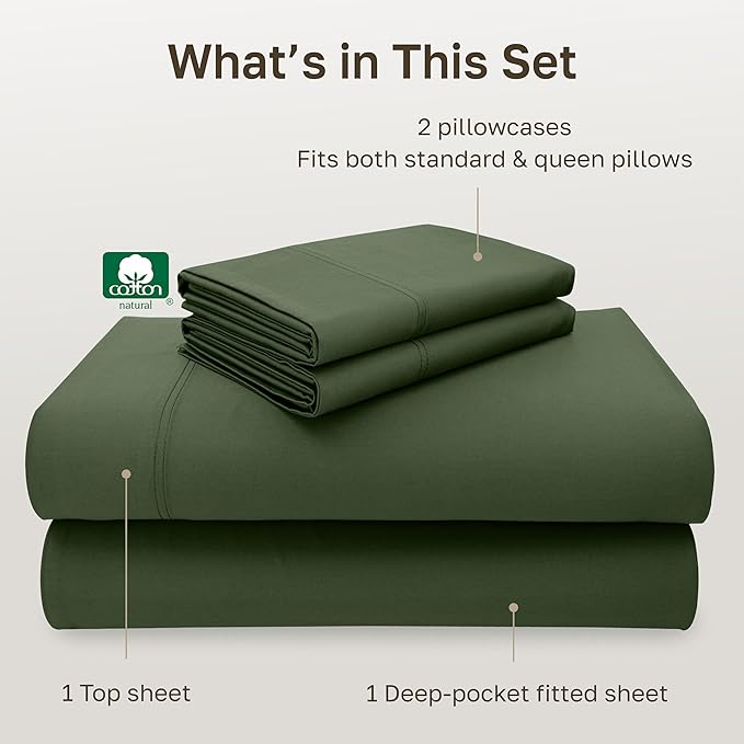 California Design Den Full Size Bed Sheets Cotton Set - Luxury 600 Thread Count 100% Cotton Sateen, Full Size Bed Sheets Cooling Set with Deep Pockets, Hotel Quality Sheets - Dark Olive Green