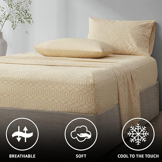 Comfort Spaces 144TC Cotton Sheet Set Breathable, Lightweight, Soft with Elastic Deep Pocket, Modern All Season Cozy Bedding, Matching Pillow Case, Cal King, Diamond Tan 4 Piece