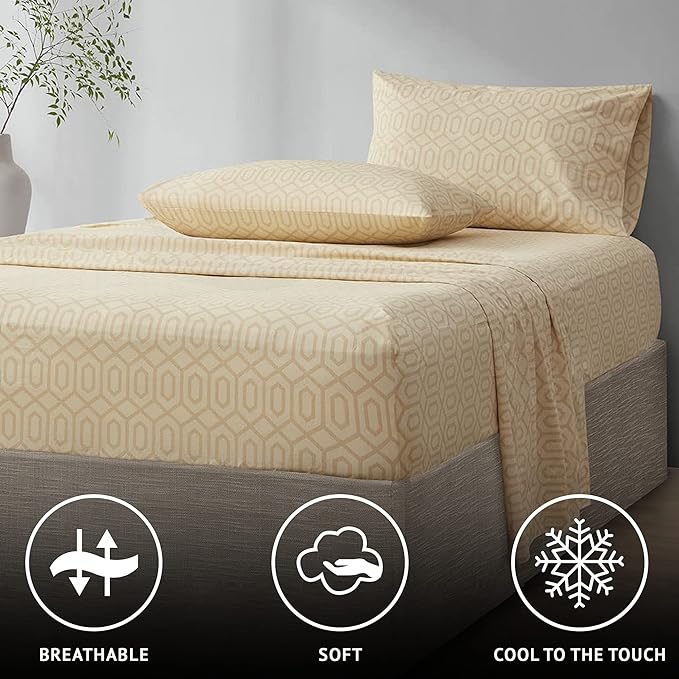 Comfort Spaces 144TC Cotton Sheet Set Breathable, Lightweight, Soft with Elastic Deep Pocket, Modern All Season Cozy Bedding, Matching Pillow Case, Full, Diamond Tan 4 Piece