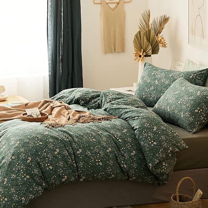 HighBuy Jersey Knit Duvet Cover Twin Green Floral Bedding Set 100% T-Shirt Cotton Comfy Bedding Sets Super Soft Garden Chic Knit Comforter Cover Twin Size