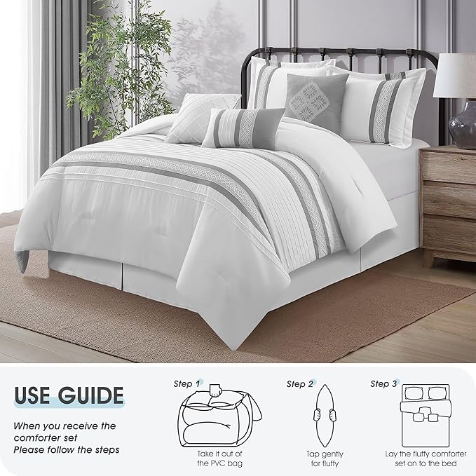 7 Piece Comforter Set, Grey White, California King, Boho Style Geometric Microfiber Embroidery, Bed in a Bag with Bedskirt, Pillow Shams and Decor Pillows
