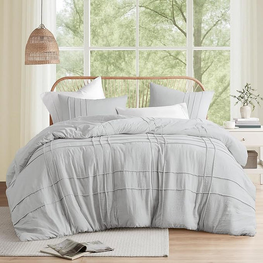 Comfort Spaces Silver Queen Size Duvet Cover Set - 3-pc Pintuck Pleated Duvet Cover Queen, All Season Lightweight, Extra Softness Pre-Washed Microfiber Queen Bed Cover Shams, Queen