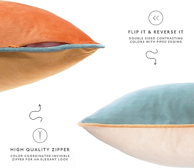 MONDAY MOOSE Decorative Throw Pillow Covers Cushion Cases, Set of 2 Soft Velvet Modern Double-Sided Designs, Mix and Match for Home Decor, Pillow Inserts Not Included (22x22 inch, Orange/Teal)