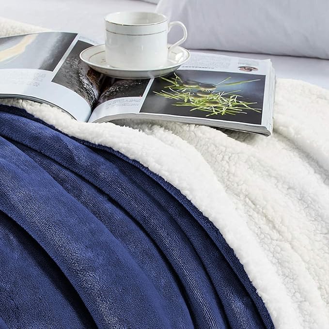 MOONLIGHT20015 Sherpa Blankets Queen Size - (Navy, 90X90 Inches) Fuzzy, Soft and Wool/Fleece Blanket for Bed, Fluffy Blankets for Winter, Camping and Travel