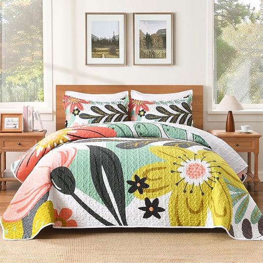 Andency Floral Boho California King Quilt Bedding Set Green, 3 Pieces Farmhouse Flower Botanical Summer Oversized King Bedspreads, Soft Reversible Lightweight Microfiber Coverlet Set, 104"x112"