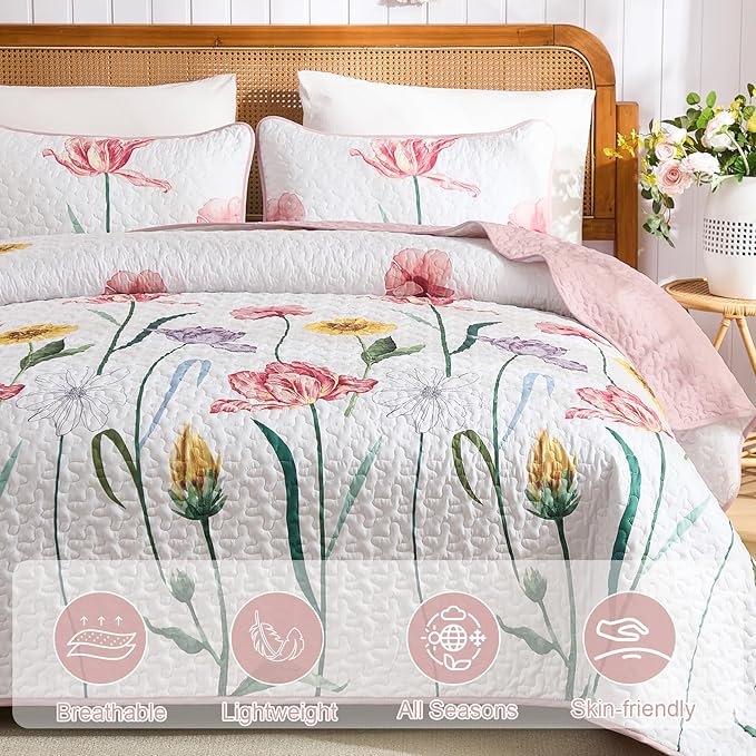 WONGS BEDDING Pink Quilt Set King,3 Pieces Colorful Delicate Floral Bedspread Set, Soft Lightweight Reversible Bedding Coverlet with 2 Pillowcases(110"x90")