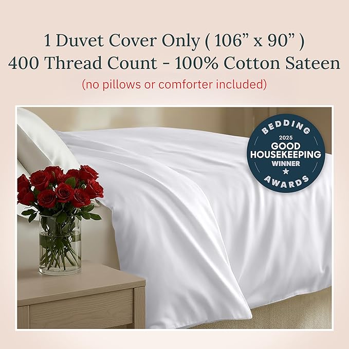 California Design Den Duvet Cover King Size Only - Winner Good Housekeeping Best Bedding Awards 2025, Premium 400 Thread Count Sateen, 100% Cotton Duvet Covers, Button Closure & Corner Ties - White
